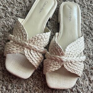 Calvin Klein Braided Raffia Cream Slip-On sandals